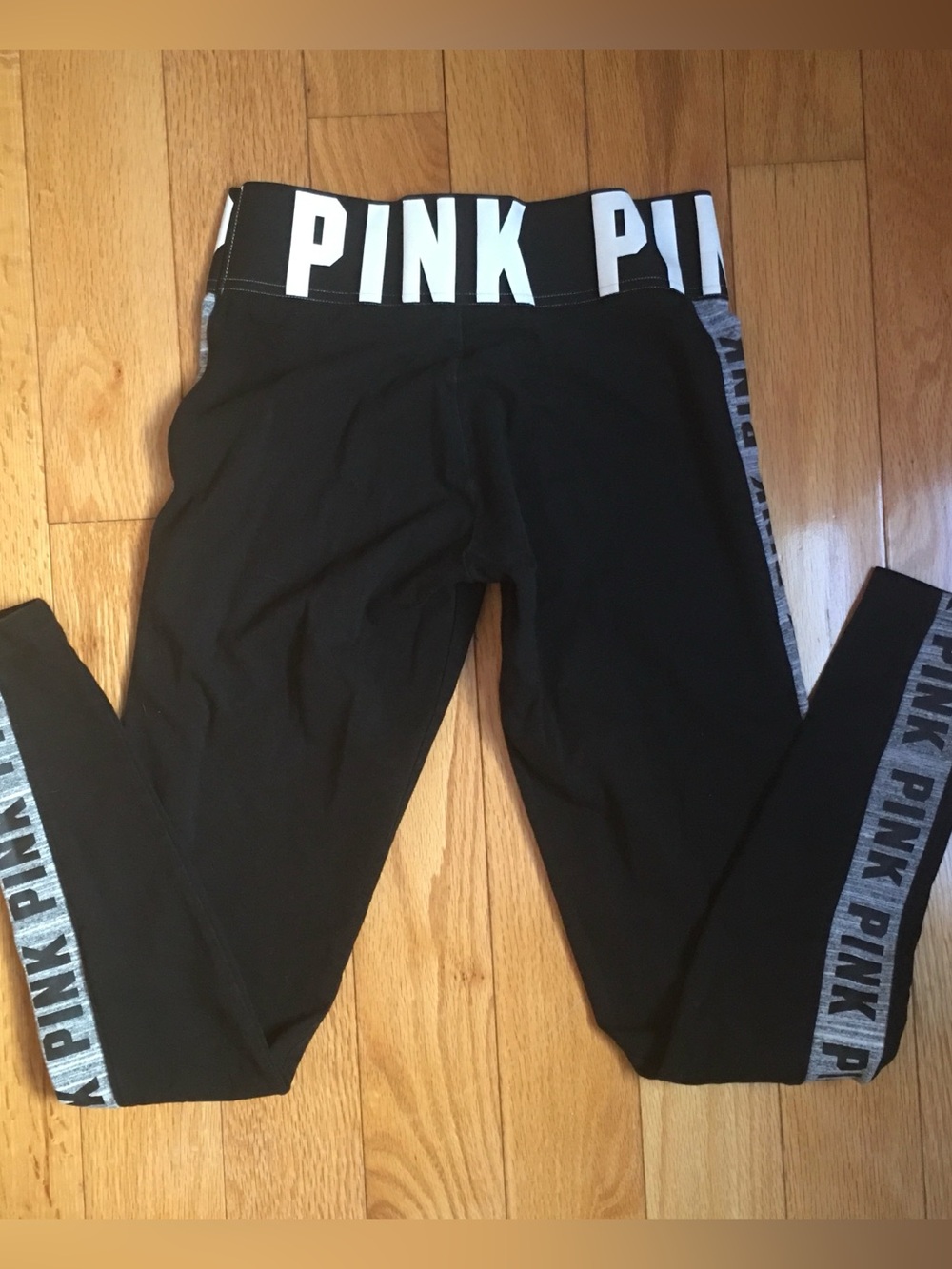 Victoria's Secret PINK Black Leggings with White Waistband and Gray Side Panels